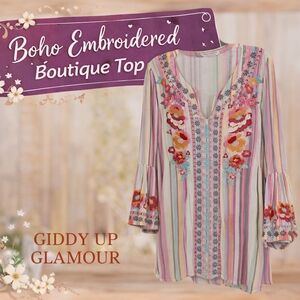 Giddy Up Glamour Boho Embroidered Floral Bell Sleeves Blouse Medium
